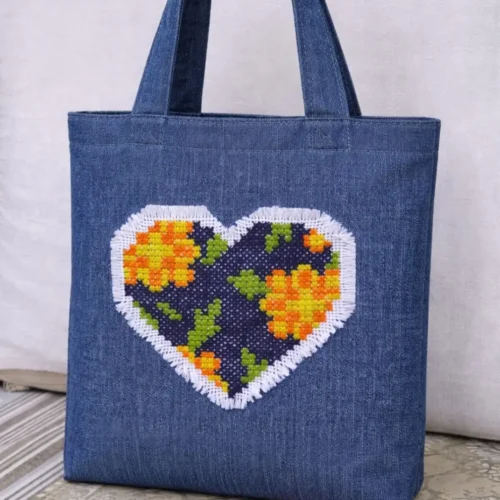 Floral Heart Handcrafted Denim Bag