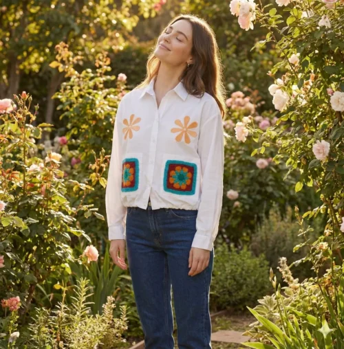Floral Crochet Pocket Shirt