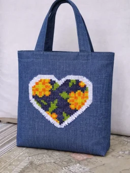 Floral Heart Handcrafted Denim Bag